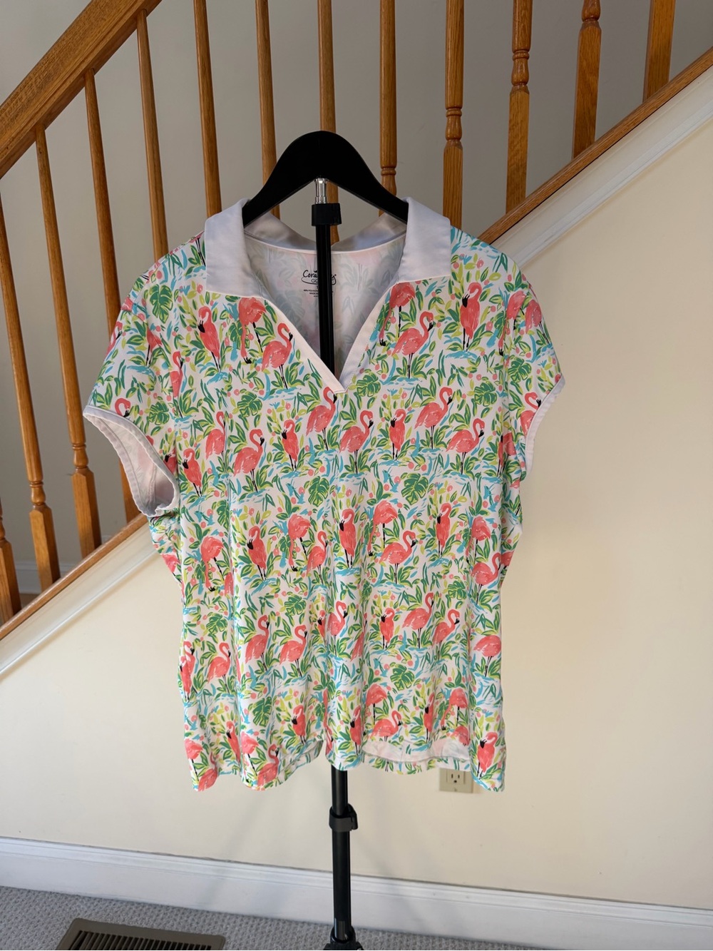 Coral Bay White Short-Sleeve Polo with Pink Flamingo & Green Leaf Print
